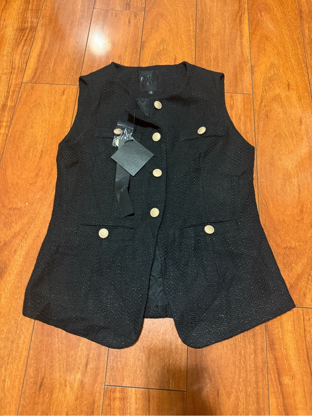 Mina self Black Sleeveless Tweed Vest with Gold-Tone Buttons